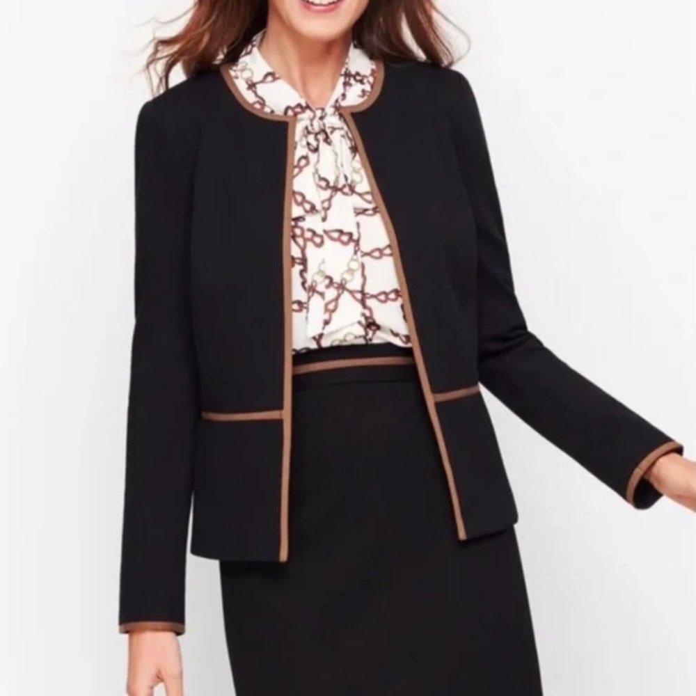NWT Talbots Jacket Blazer Womens 16 Black Brown Trim Italian Knit